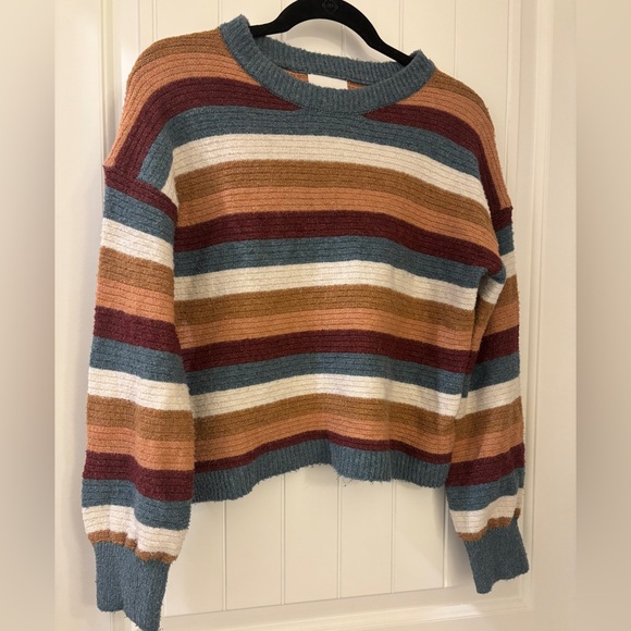 Pink Rose Sweaters - Pink Rose Women's Striped Sweater - Blue, Brown, Cream, Red